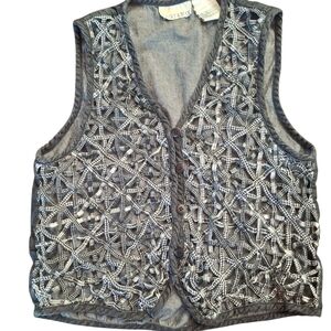 Vintage Distressed Denim Grey and White Embroidered Vest Size L